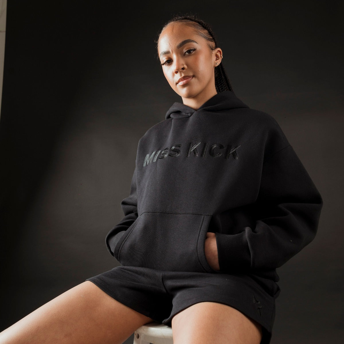Women's Everyday Loose Fit Embroidered Hoodie - Black