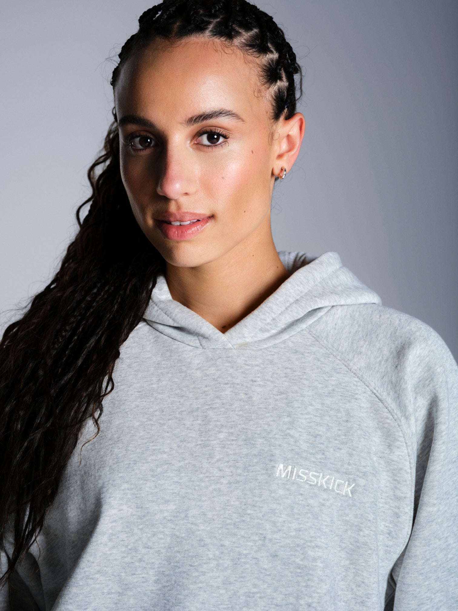 Misskick grey hoodie logo detail front